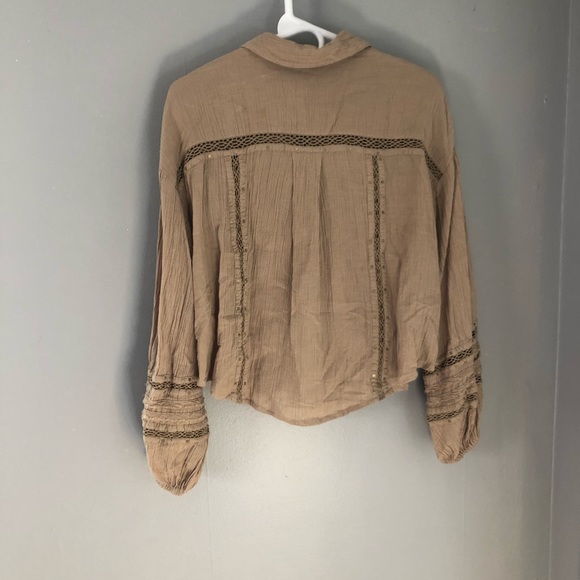 Free People Boho Button Down Long Sleeve Blouse Tan XS - Picture 7 of 9